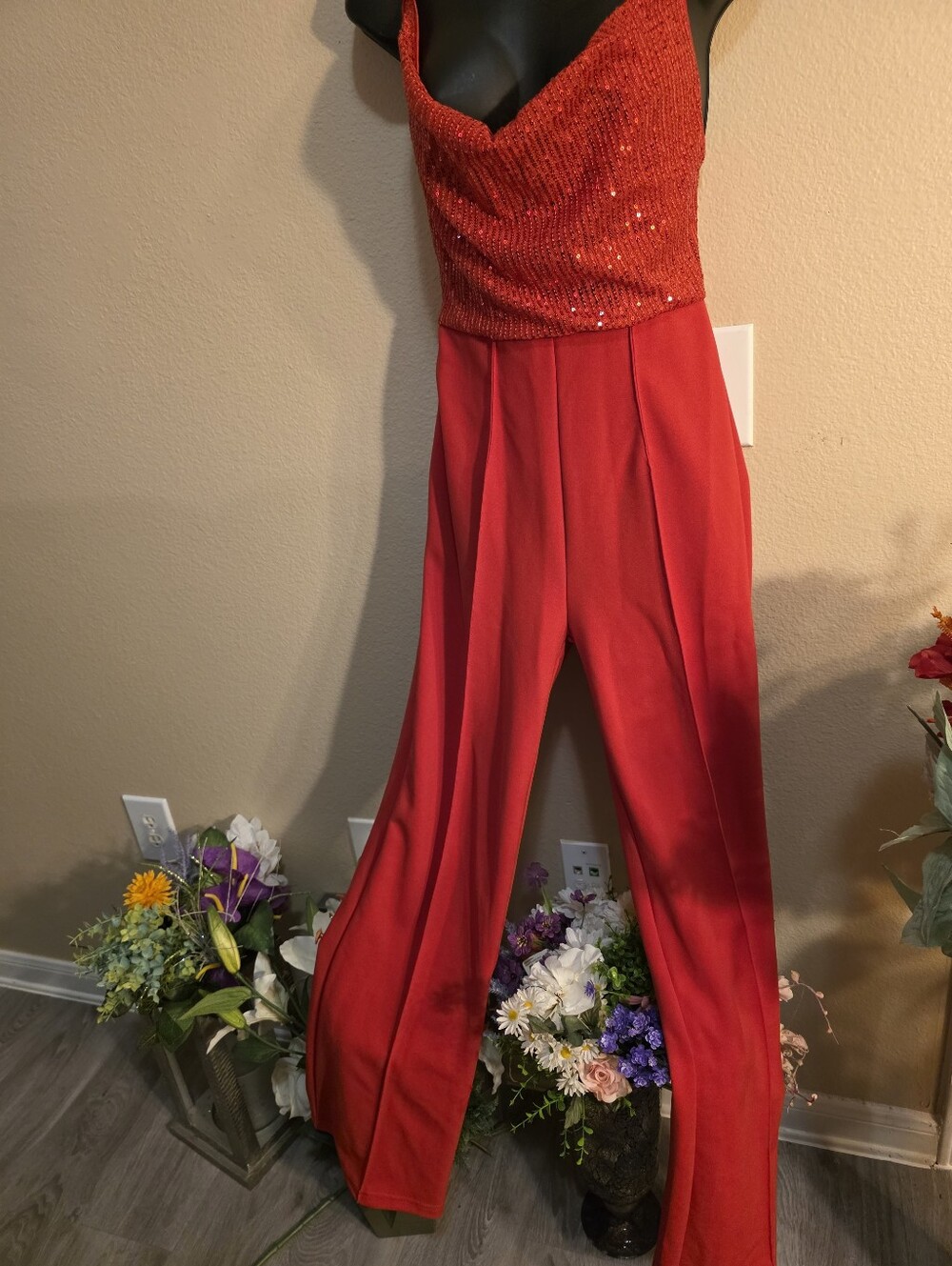 SHEIN Red Sequin Cowl-Neck Wide-Leg Jumpsuit